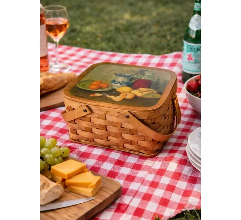 Vintage Picnic Basket w/ Beautiful Still Life Print on Cover 14